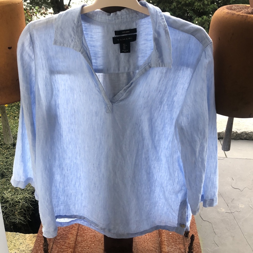Tahari blue linen shirt size L